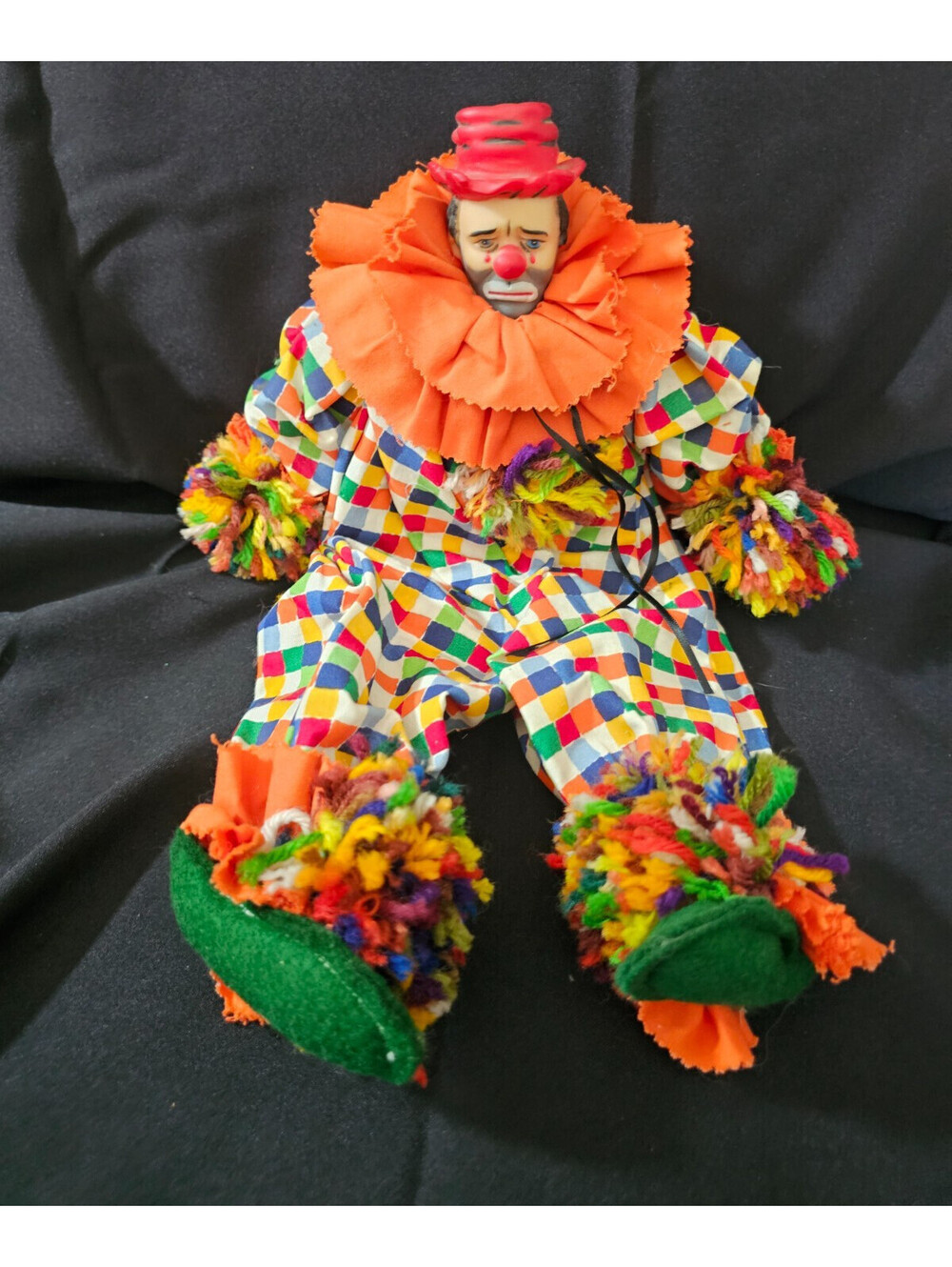 Vintage Homemade Sad Face Clown Sitting Multicolor Checkered Pom Poms 14.5" Doll